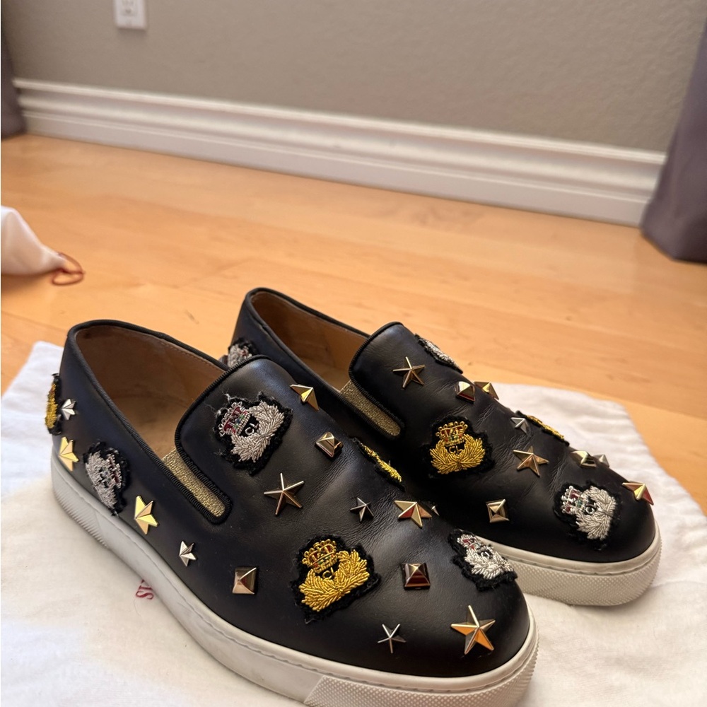 Christian Louboutin Black Embroidered Slip-On Sneakers